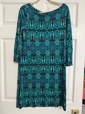 Tory Burch 100% Silk Blue Green Print Shift Dress M Boat Neck Logo Buttons